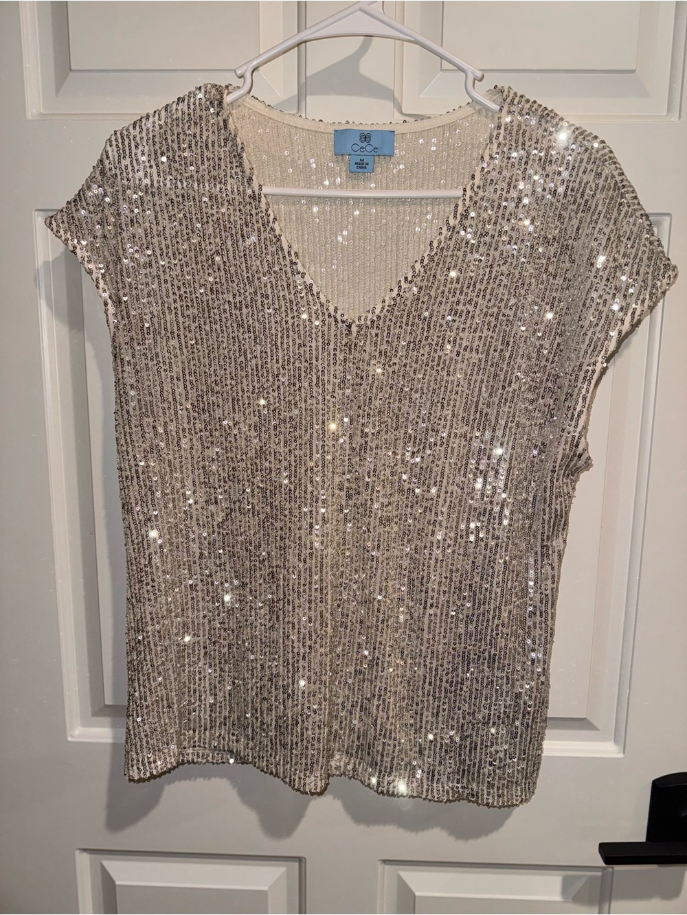 CeCe Silver Sequin V-Neck Sleeveless Top
